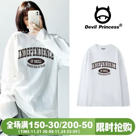 美式ins潮牌复古风白色长袖T恤女欧货大版纯棉oversize百搭上衣图片