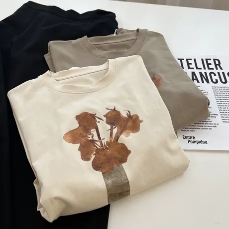 复古文艺个性印花T恤女短袖2024年新款百搭宽松chic港味上衣显瘦商品大图