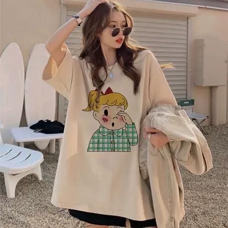 美式复古卡通短袖t恤女夏2022年新款设计感小众减龄大码纯棉上衣商品大图