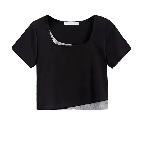 别致假两件短袖t恤女2024年夏季新款百搭显瘦短款设计感小众上衣商品大图