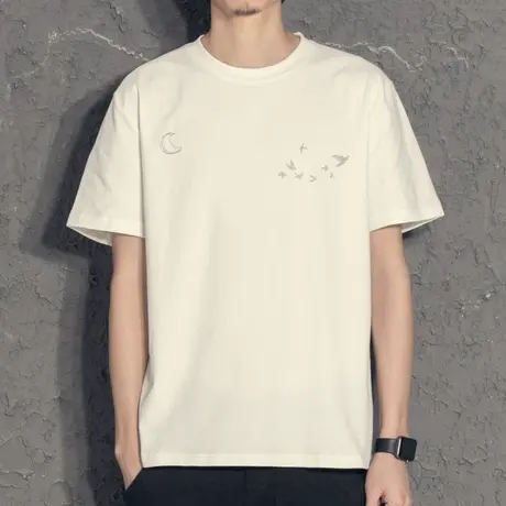 夏季韩版文艺印花白色短袖T恤男潮体恤2022新款ins潮流百搭基础款图片