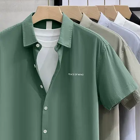 纯棉衬衫男短袖宽松潮流夏季商务男装外套简约刺绣男士衬衣高级感商品大图