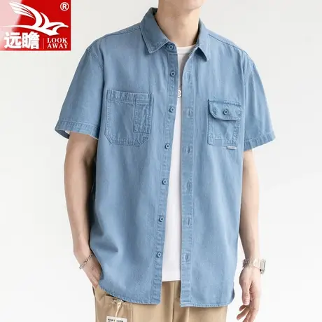 夏天牛仔短袖衬衫男士夏季薄款2023新款男生纯棉工装休闲衬衣外套图片