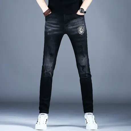 灰色破洞刺绣牛仔裤男款小脚修身秋冬季潮流裤子男士美式高街弹力商品大图