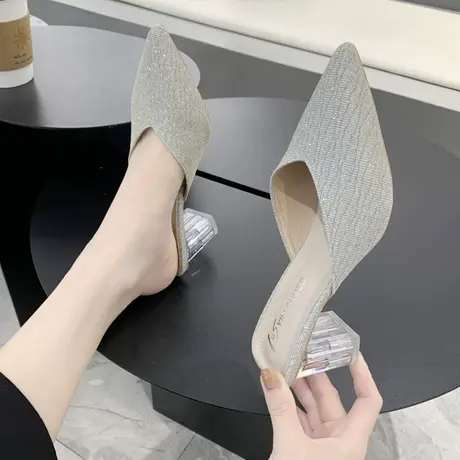 粗跟包头拖鞋女2023年夏季新款网红百搭时尚外穿水晶尖头半凉拖鞋商品大图