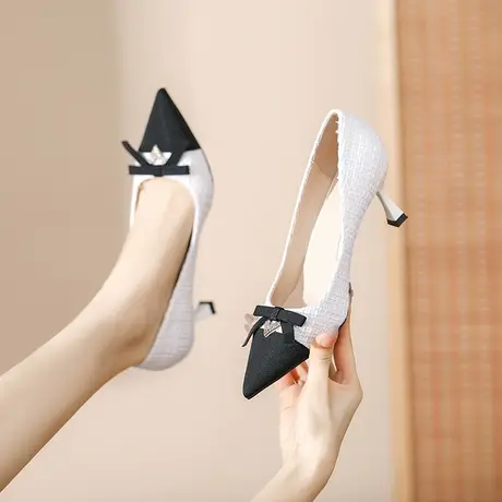 名媛风高跟鞋女细跟2024年新款配裙子性感拼色尖头法式气质单鞋图片