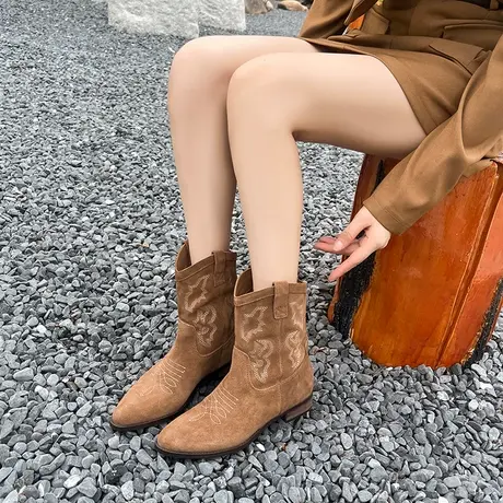 西部牛仔靴女2024年秋冬新款复古显瘦尖头中筒靴V口套筒粗跟短靴图片