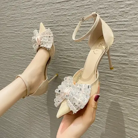 2024新款水钻蝴蝶结水晶一字带尖头气质名媛温柔晚晚风细跟单鞋女商品大图