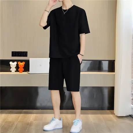 2023新款夏天冰丝凉感短袖t恤男士夏季休闲套装男装搭配一套帅气商品大图