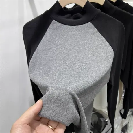 双面磨毛德绒长袖T恤女冬季拼接撞色内搭打底衫加绒半高领上衣服商品大图