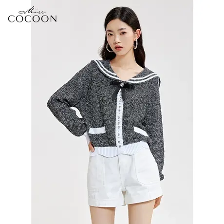 missCOCOON海军领毛针织衫女2023新款春装蝴蝶结洋气别致毛衣上衣商品大图