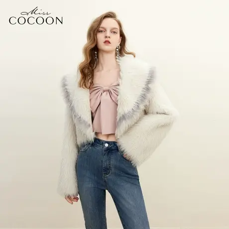 missCOCOON宽松短款直筒袖型外套2023冬季新女时尚撞色大翻领皮草商品大图