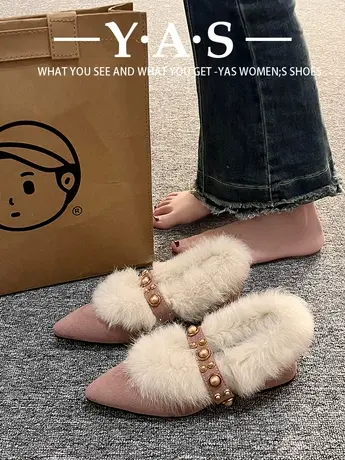 尖头粗跟毛毛鞋女2023秋冬季新款韩版百搭加绒外穿豆豆鞋网红单鞋商品大图