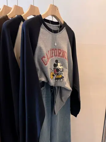 磨毛加厚T恤 滑板卡通米老鼠印花宽松中长款插肩袖内搭长袖上衣女商品大图