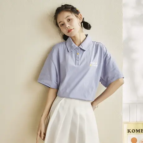 唐狮夏季款短袖T恤女纯棉白色polo领修身上衣宽松设计感小众衣服商品大图