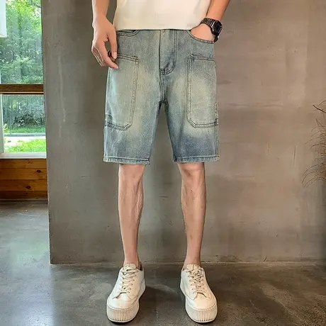 夏季男士潮流高级重工中裤五分直筒休闲明线设计潮牌休闲牛仔短裤商品大图