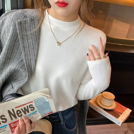 双面磨毛德绒保暖长袖T恤女秋冬加厚打底衫内搭修身半高领上衣服商品大图