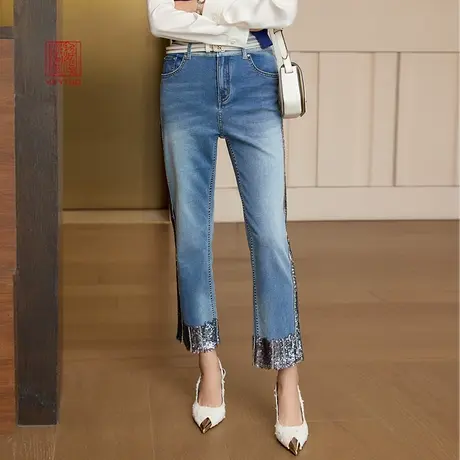 EP雅莹高端系列 预售时尚渐变钉珠绣直筒牛仔裤 24早春新款J608A图片