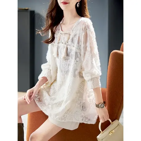宝诗黎圆领刺绣慵懒雪纺衫2024春季新款长袖宽松套头衬衣洋气小衫图片