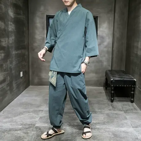 套装男中国风斜襟交领汉服古装休闲禅服复古两件套活动班服衣服潮商品大图