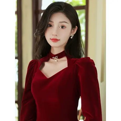 长袖敬酒服新娘2024新款秋冬季酒红色订婚礼服连衣裙回门便装大气商品大图