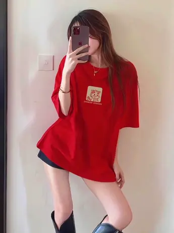 红色新年圆领短袖T恤女2024春季新款纯棉薄款打底内搭半袖上衣ins商品大图
