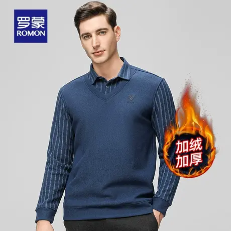【加绒加厚+含羊毛】罗蒙男士条纹假两件2023冬季新款保暖针织衫图片