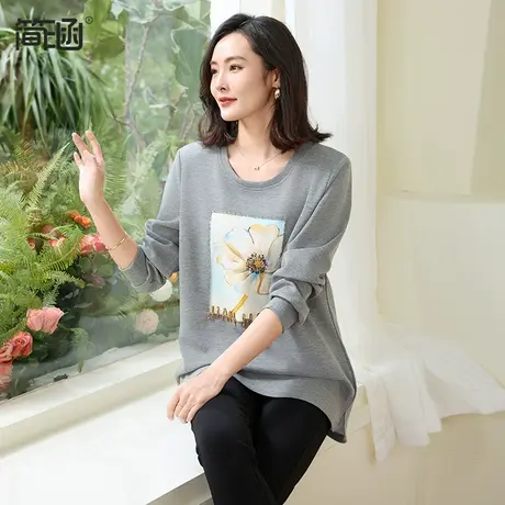 简涵印花圆领卫衣2024春季新款宽松套头显瘦中长款正肩长袖上衣商品大图