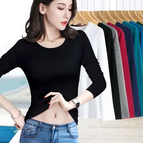 春秋季上衣女新款修身百搭纯色t恤圆领螺纹长袖内搭可外穿打底衫图片