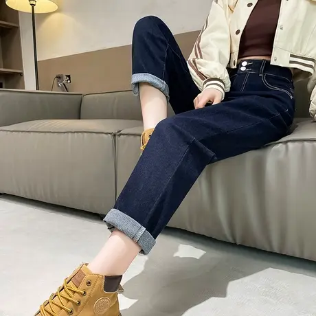 挽边直筒牛仔裤女春秋2024新款高腰显瘦宽松九分小个子老爹哈伦裤图片