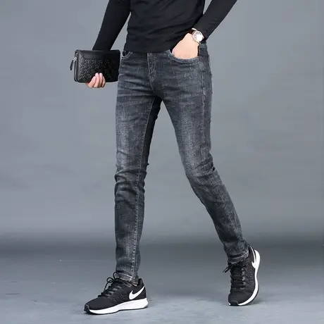 牛仔裤男款秋季2023新款潮牌修身小脚弹力休闲男士牛仔裤冬季加绒商品大图