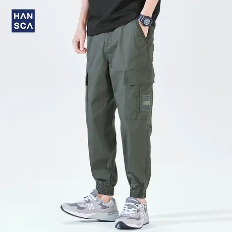 汉斯卡工装裤潮牌男春秋款宽松百搭复古潮流军绿色束脚休闲运动裤商品大图