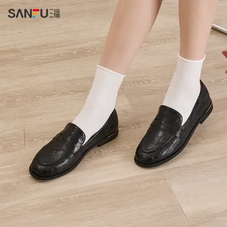 三福休闲鞋女春季老钱圆头乐福鞋时尚气质优雅通勤女鞋828111商品大图