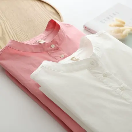 日系文艺粉色纯棉衬衫女2024年春设计感小众简约立领长袖衬衣上衣商品大图