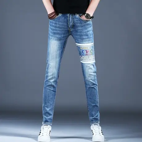 夏季浅色高级大牌牛仔裤男款2024新款裤子潮牌男士弹力小脚休闲裤商品大图