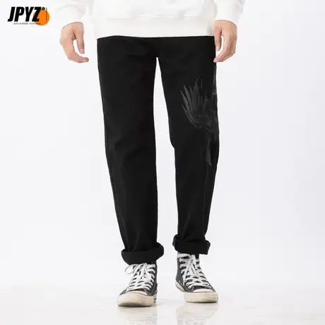 国潮刺绣黑色牛仔裤男士潮流男装宽松直筒秋冬长裤子弹力2022新款商品大图