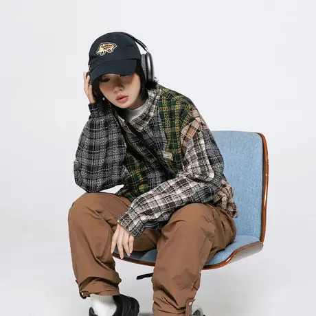 潮牌立领拼接格子外套女春季2024新款美式复古情侣装宽松夹克上衣图片