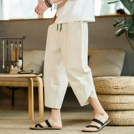 中国风亚麻裤子男夏季薄款胖子加肥大码哈伦休闲裤宽松潮流八分裤商品大图