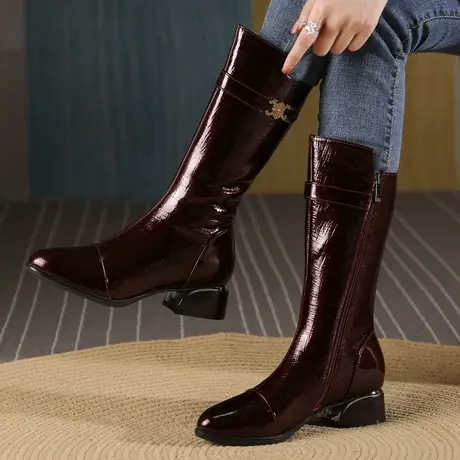 时尚新款2023秋季大码女靴子41一43中筒靴显瘦加绒粗跟棉靴42靴子图片