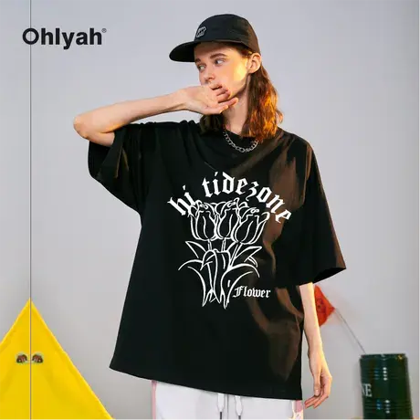 Ohlyah美式复古t恤男女同款郁金香花卉情侣半袖潮牌大码宽松短袖商品大图