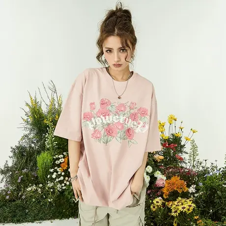 复古玫瑰花短袖t恤女2023新款夏季美式潮牌大版宽松半袖情侣上衣商品大图