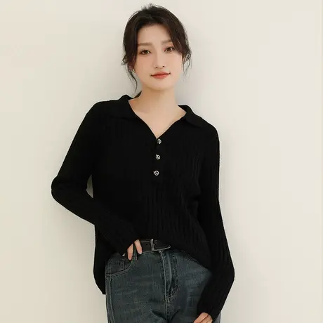 韩潮袭人高级感polo领毛衣女士秋冬2023新款黑色长袖针织衫上衣商品大图