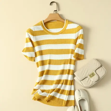 冰丝针织衫短袖t恤女2023春夏新款圆领修身显瘦薄款打底衫女上衣商品大图