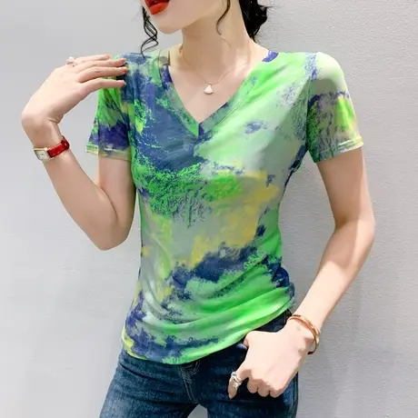 气质减龄T恤女短袖复古时尚印花上衣性感网纱V领小衫夏季修身半袖商品大图