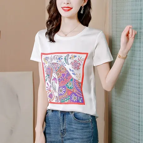 缎面真丝t恤女短袖衫2023夏季新款韩版印花时尚洋气宽松短款上衣图片
