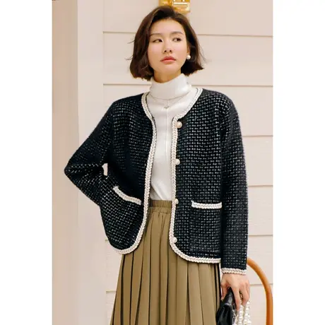 弥古黑色小香风针织开衫外套女秋装2023气质复古粗花呢上衣高级感图片