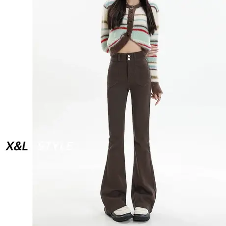 咖啡色微喇叭牛仔裤女秋季2023新款美式高腰小个子修身马蹄拖地裤图片