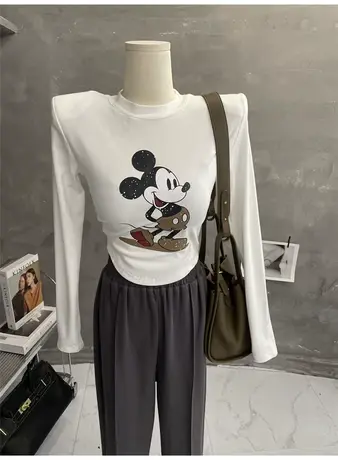 加绒垫肩上衣女卡通印花洋气长袖T恤紧身圆弧显瘦打底衫2022秋冬商品大图