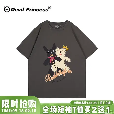 古着感vintage大版深灰色短袖t恤女小众ins卡通超火正肩半袖上衣图片