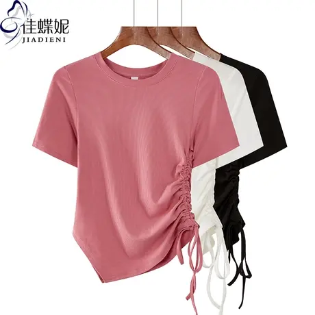 夏季新款韩版纯棉修身显瘦纯色抽绳侧开叉圆领短袖体恤上衣女装商品大图